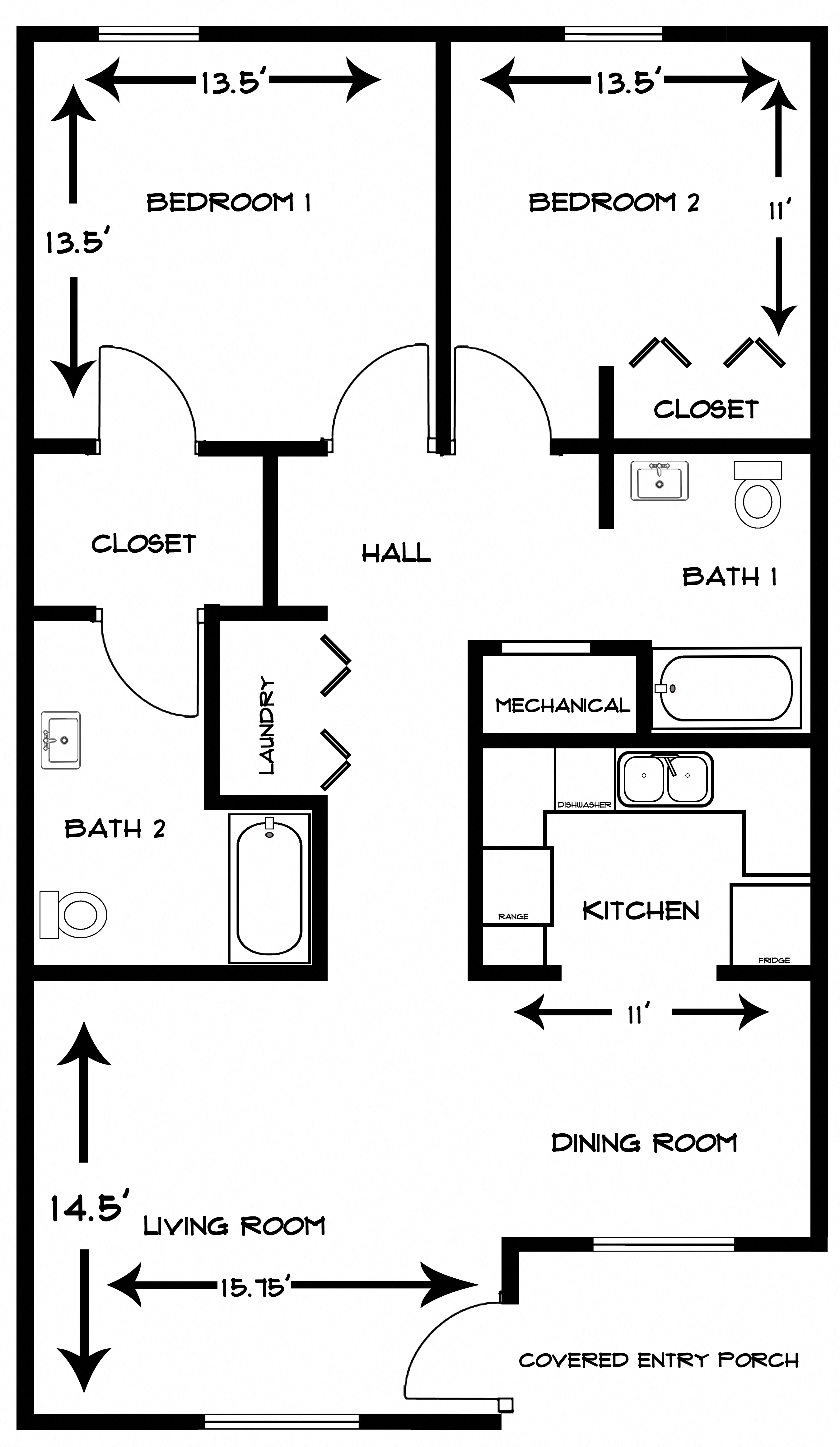 Floor plan for 2 beds, 2 baths, 1152 sqft